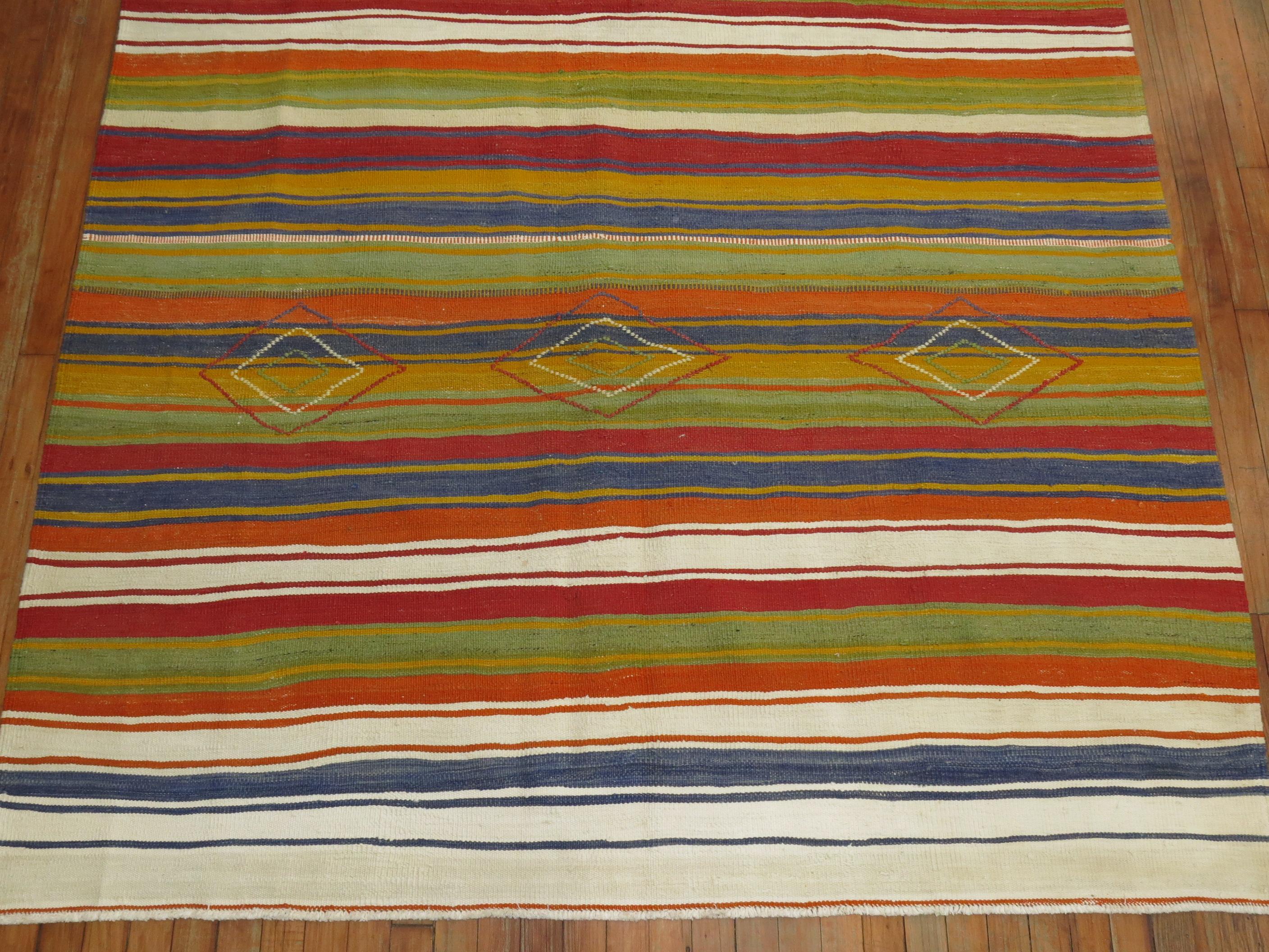 Country Midcentury Turkish Striped Kilim For Sale