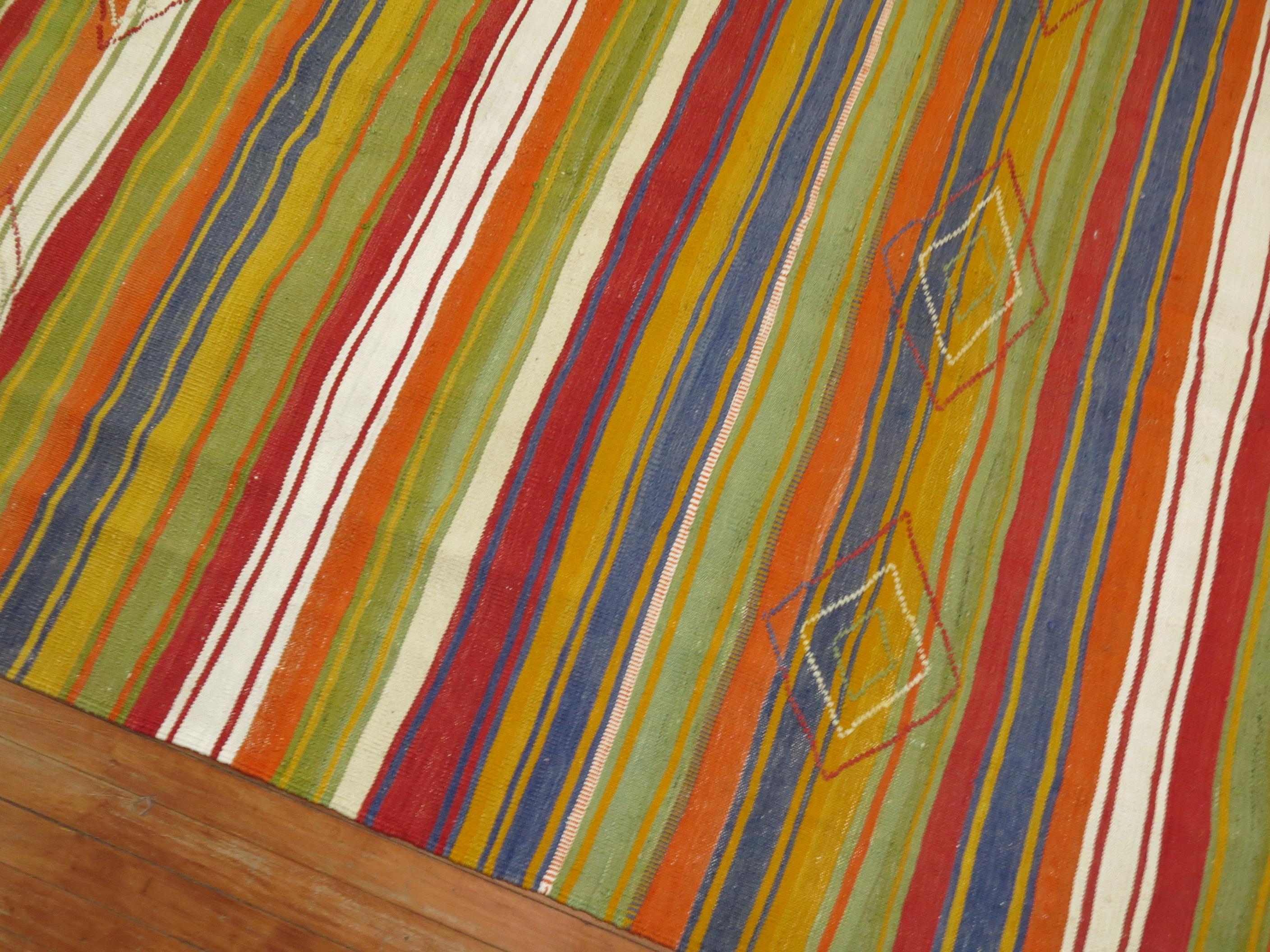 Hand-Knotted Midcentury Turkish Striped Kilim For Sale