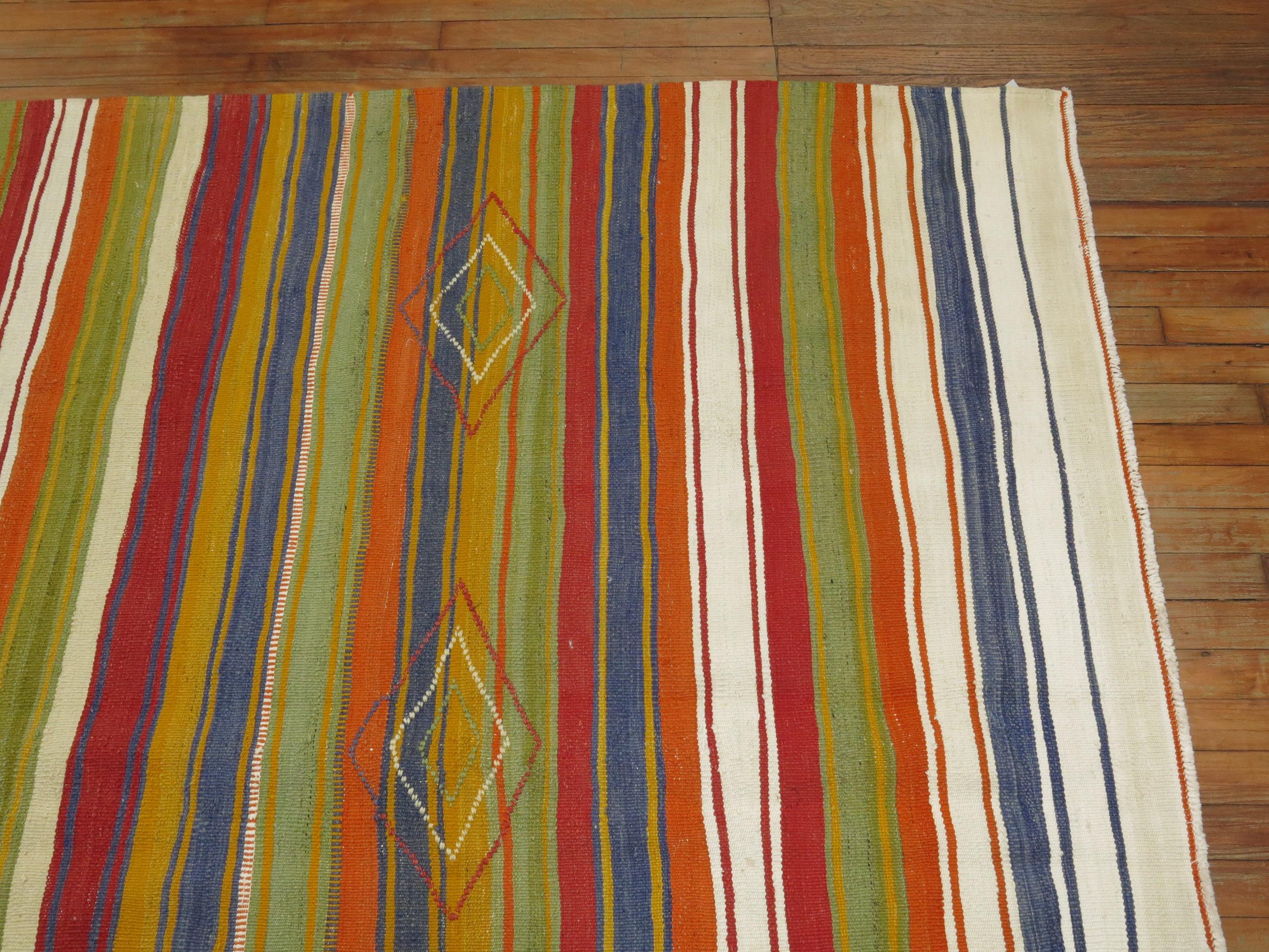 Wool Midcentury Turkish Striped Kilim For Sale