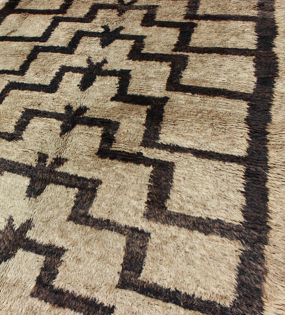 Hand-Knotted Mid-Century Turkish Tulu Carpet with Connected Tribal Pattern in Brown and Cream For Sale
