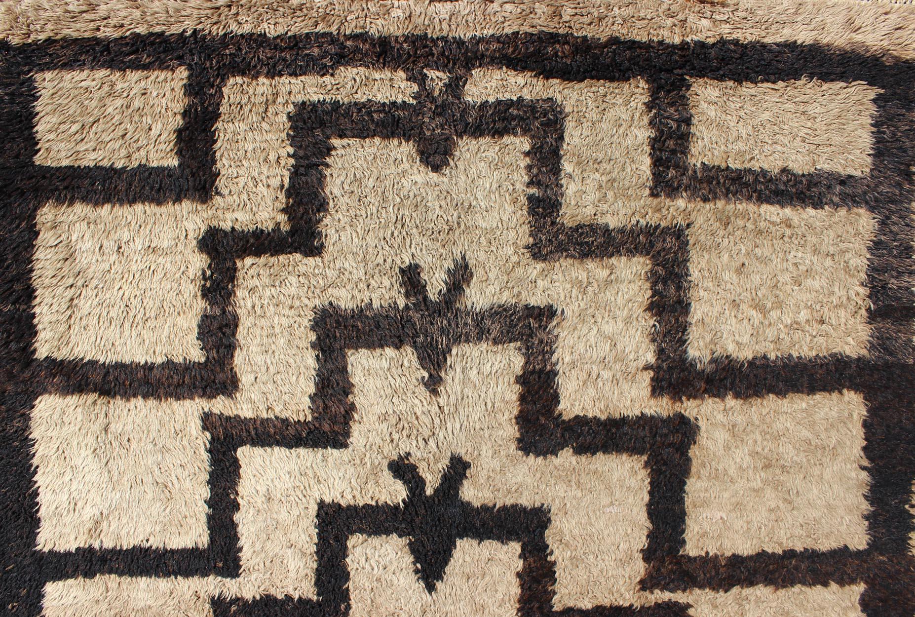 Wool Mid-Century Turkish Tulu Carpet with Connected Tribal Pattern in Brown and Cream For Sale