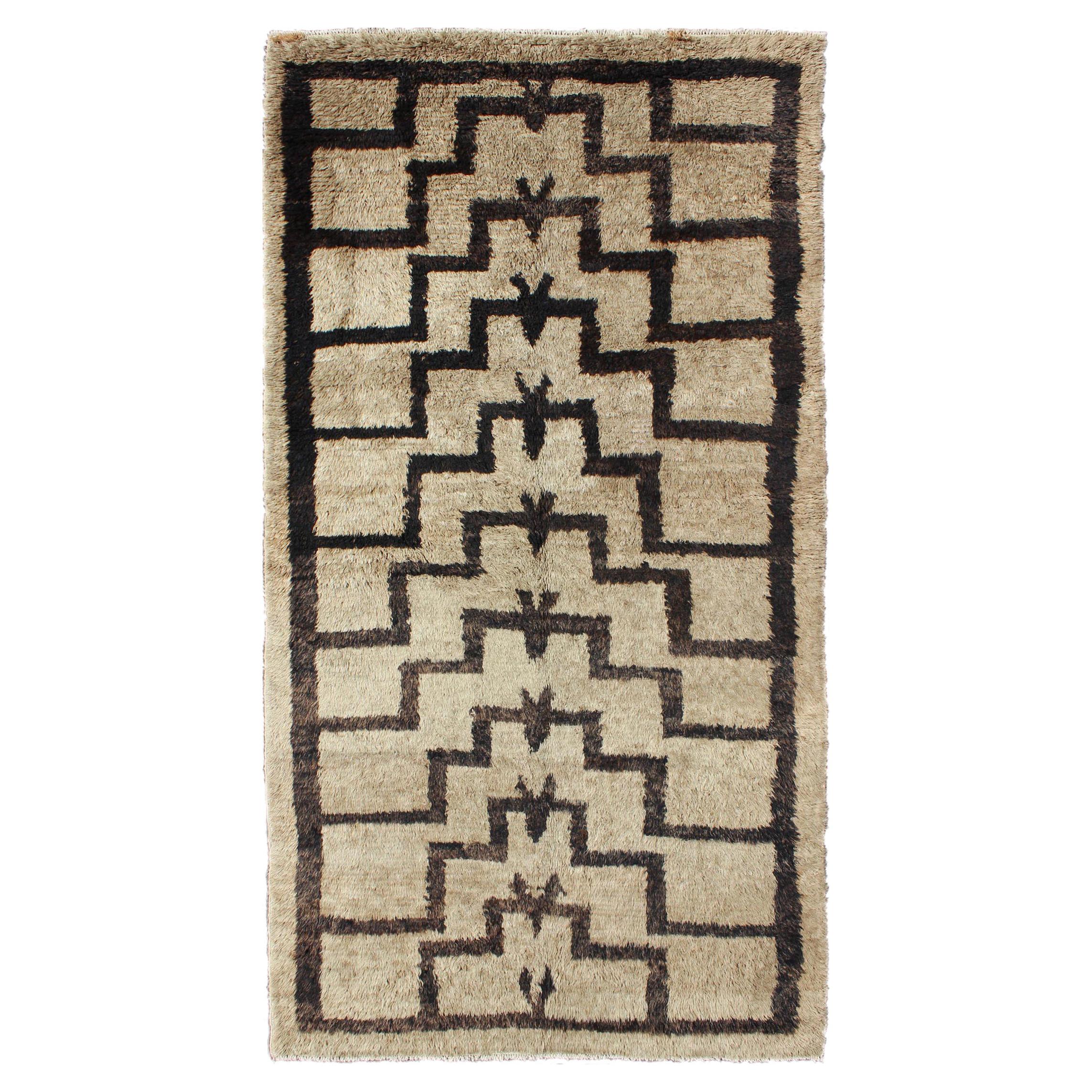 Mid-Century Turkish Tulu Carpet with Connected Tribal Pattern in Brown and Cream For Sale