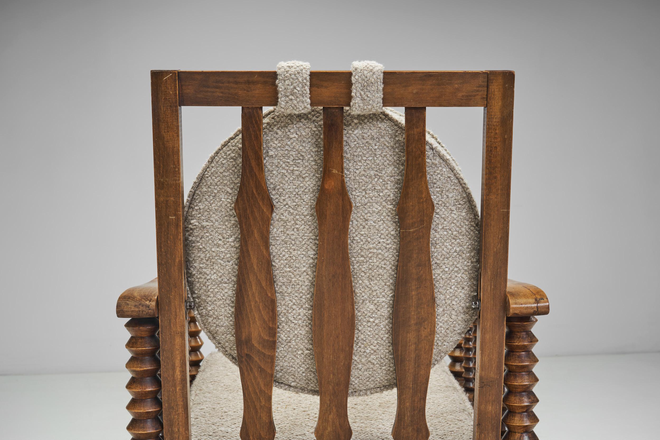 Bouclé Mid-Century Turned Oak Armchairs in the style of Charles Dudouyt, France 1950s For Sale