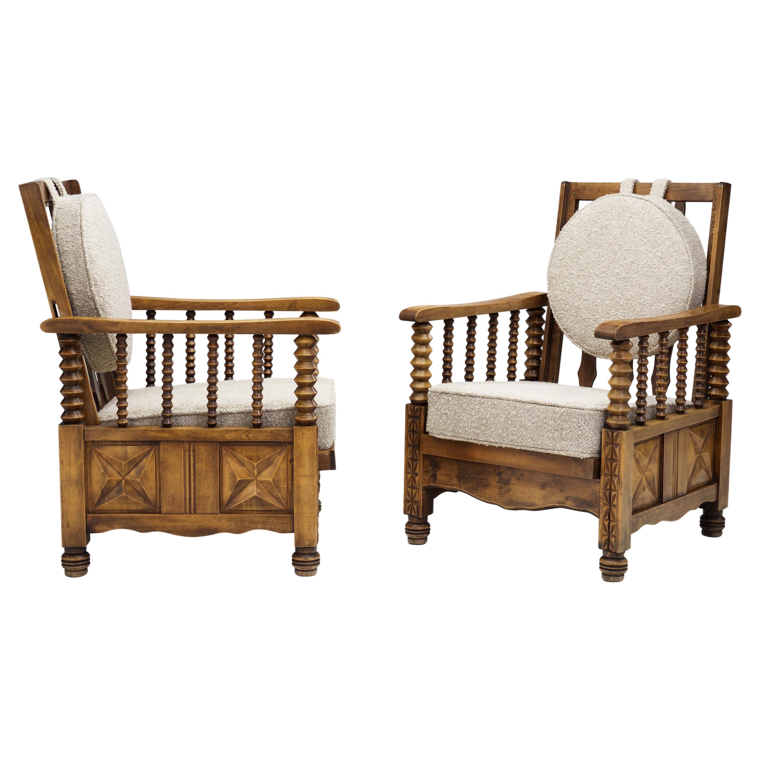 Mid-Century Turned Oak Armchairs in the style of Charles Dudouyt, France 1950s For Sale