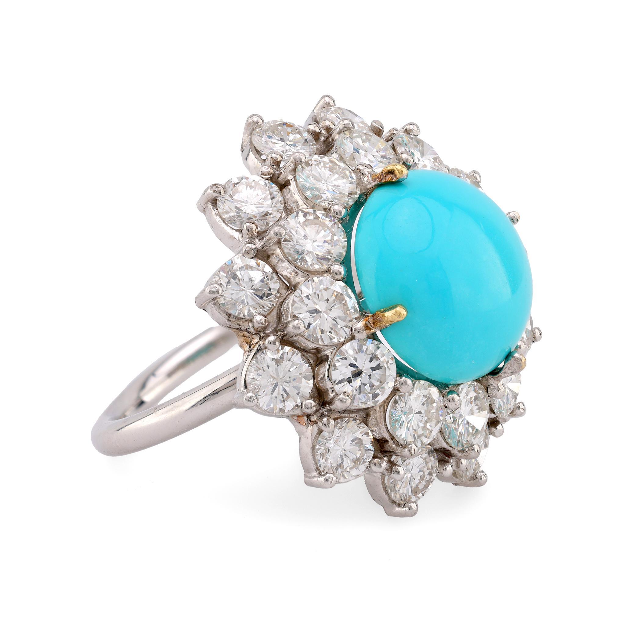 Cabochon Mid Century Turquoise 5 Carat Diamond 18K White Gold Cluster Ring