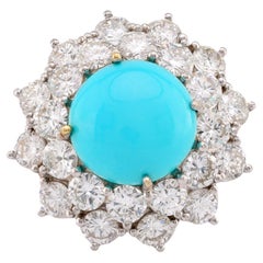 Mid Century Turquoise 5 Carat Diamond 18K White Gold Cluster Ring