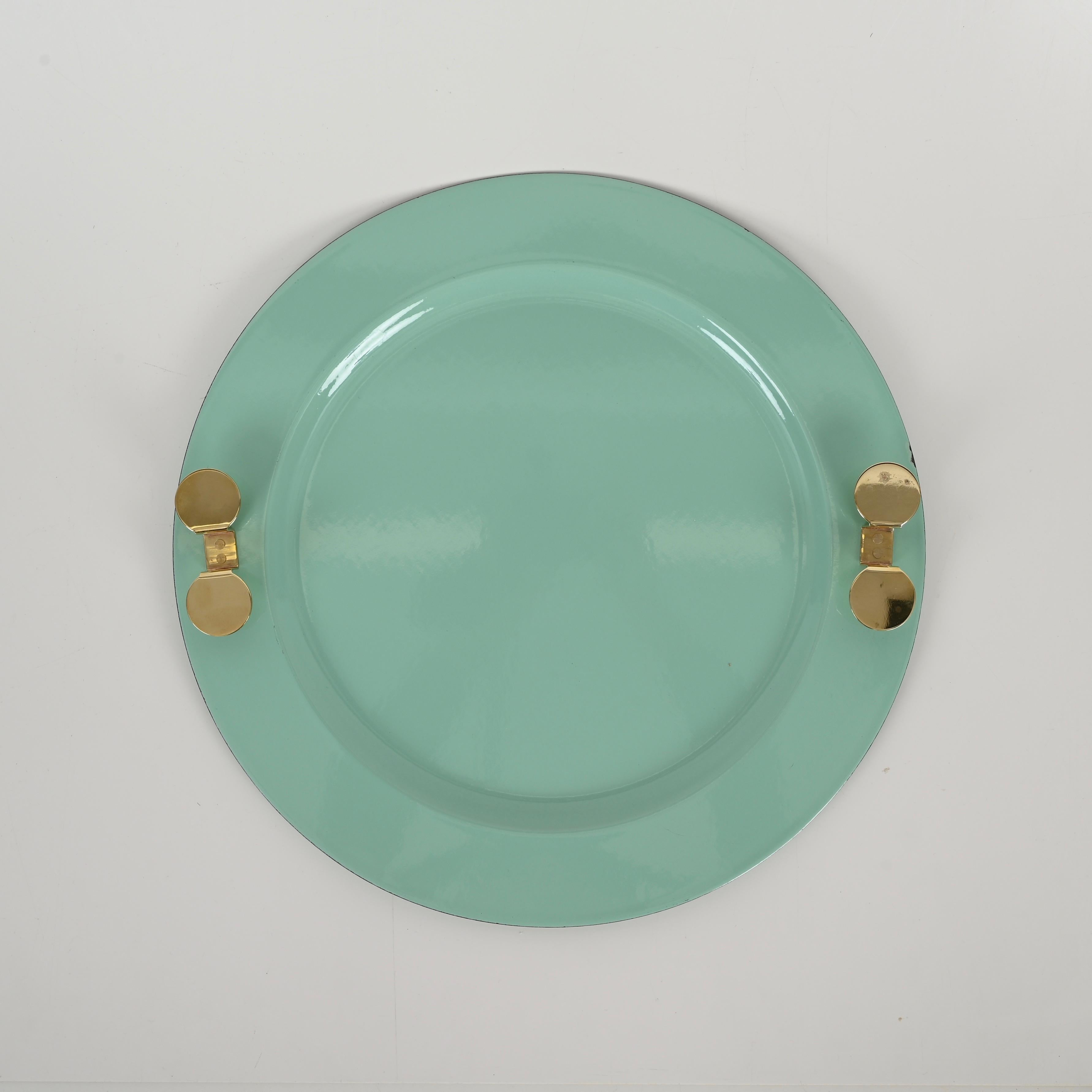 Italian Mid-Century Turquoise and Brass Tray by A. Pozzi for Padova Argenti, Italy 1970s For Sale