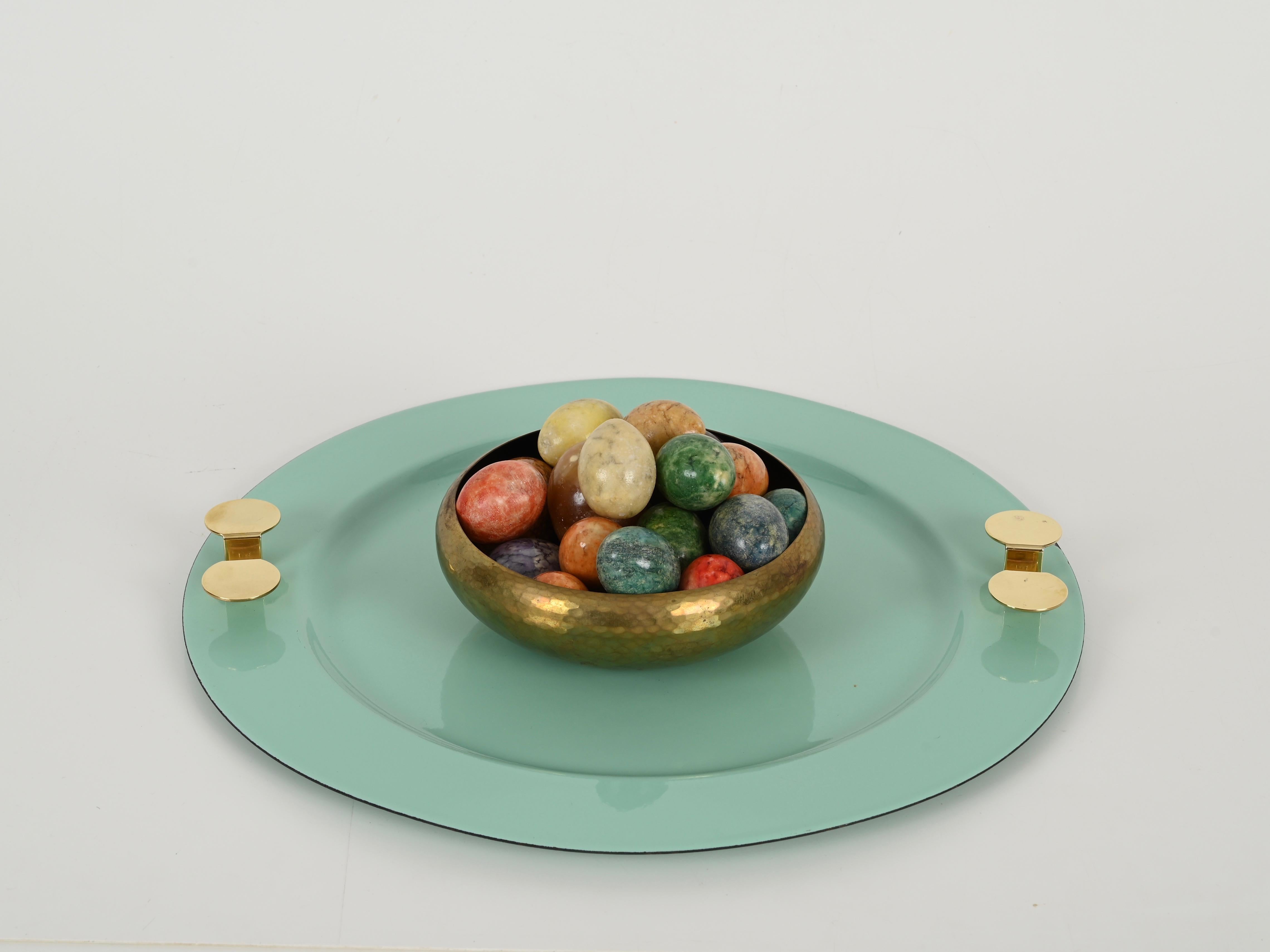 Enameled Mid-Century Turquoise and Brass Tray by A. Pozzi for Padova Argenti, Italy 1970s For Sale