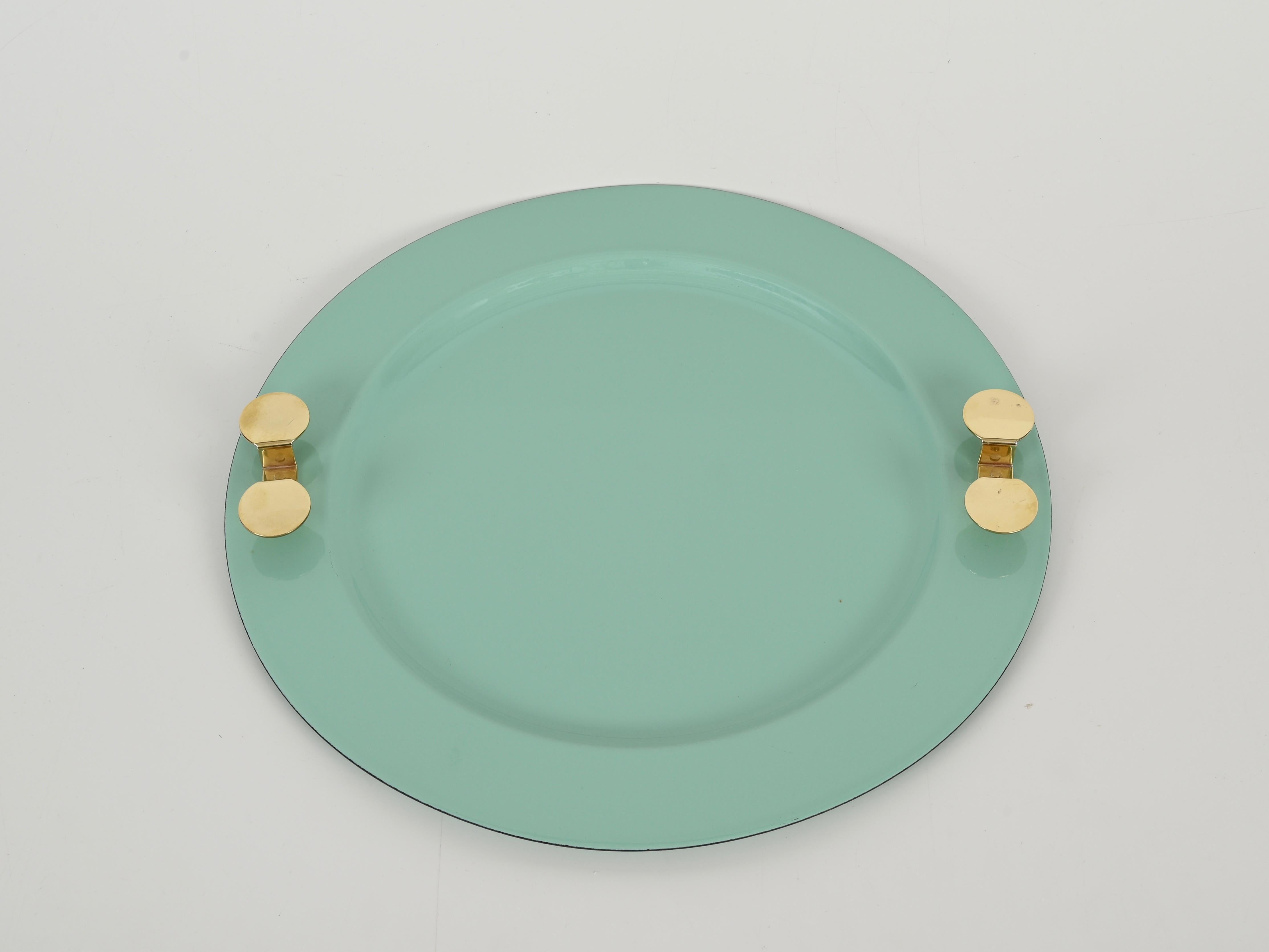 Mid-Century Turquoise and Brass Tray by A. Pozzi for Padova Argenti, Italy 1970s For Sale 1