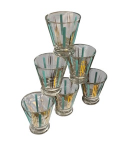 Mid Century Turquoise and Gold Barware Glasses – Set of Six