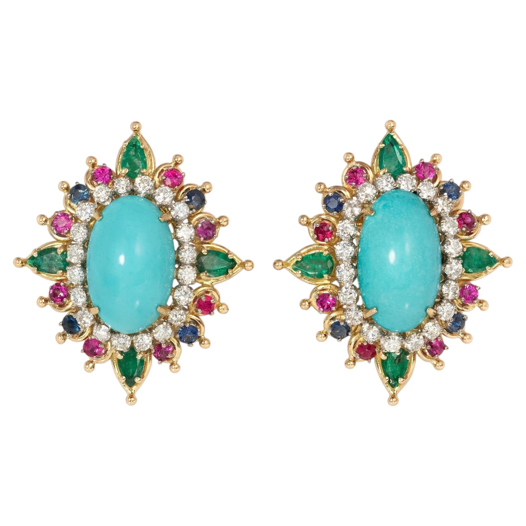 Mid-Century turquoise and multi-gem earrings For Sale