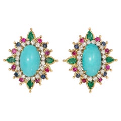 Mid-Century turquoise and multi-gem earrings