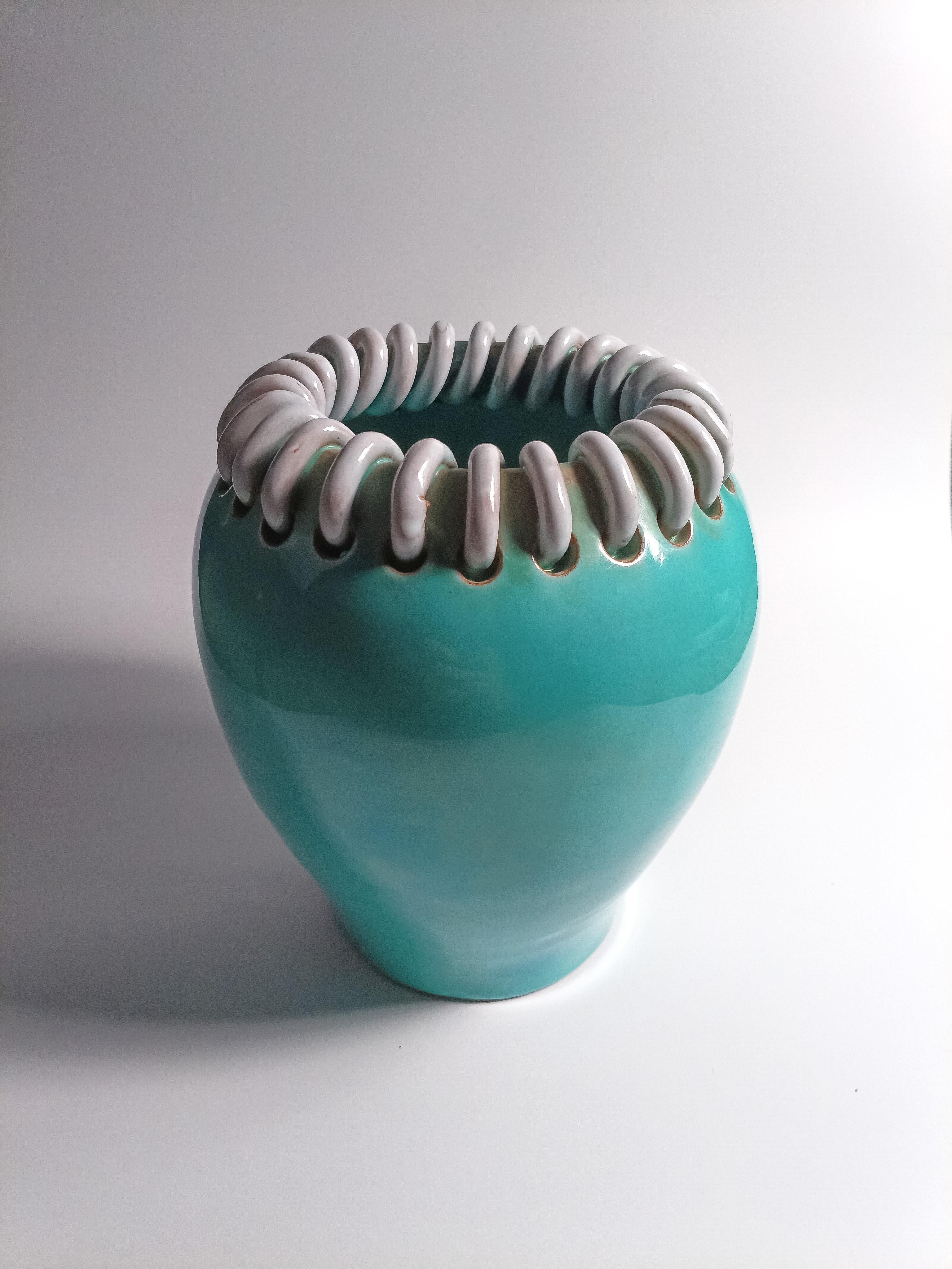 Mid-Century moderno Mid-Century Turquoise Ceramic Vase by Alexandre de Wemmel, Belgium, 1950s in vendita