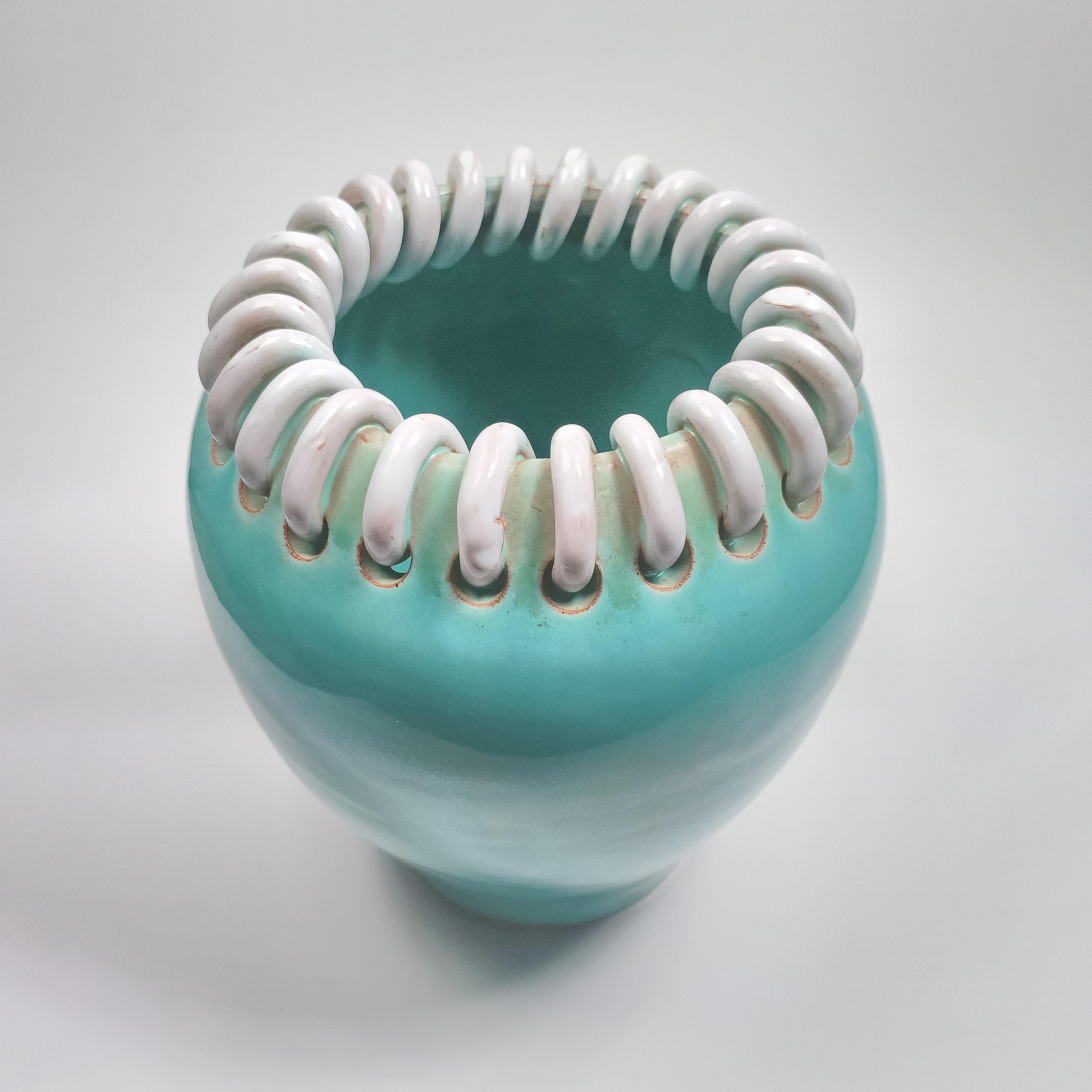 Fatto a mano Mid-Century Turquoise Ceramic Vase by Alexandre de Wemmel, Belgium, 1950s in vendita