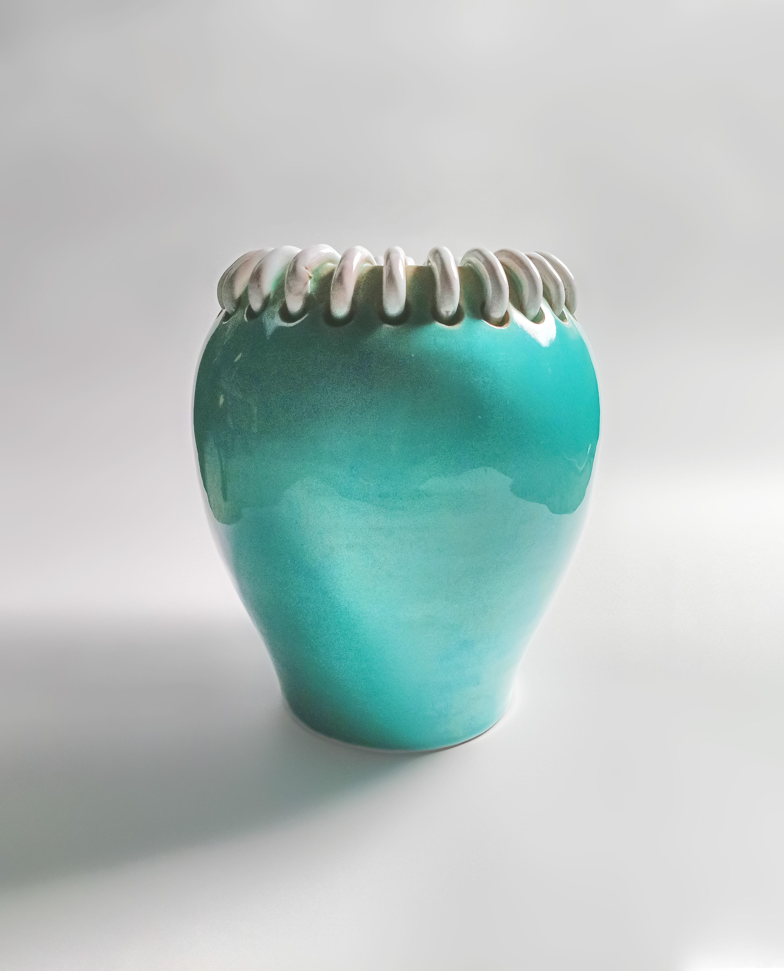 Ceramica Mid-Century Turquoise Ceramic Vase by Alexandre de Wemmel, Belgium, 1950s in vendita