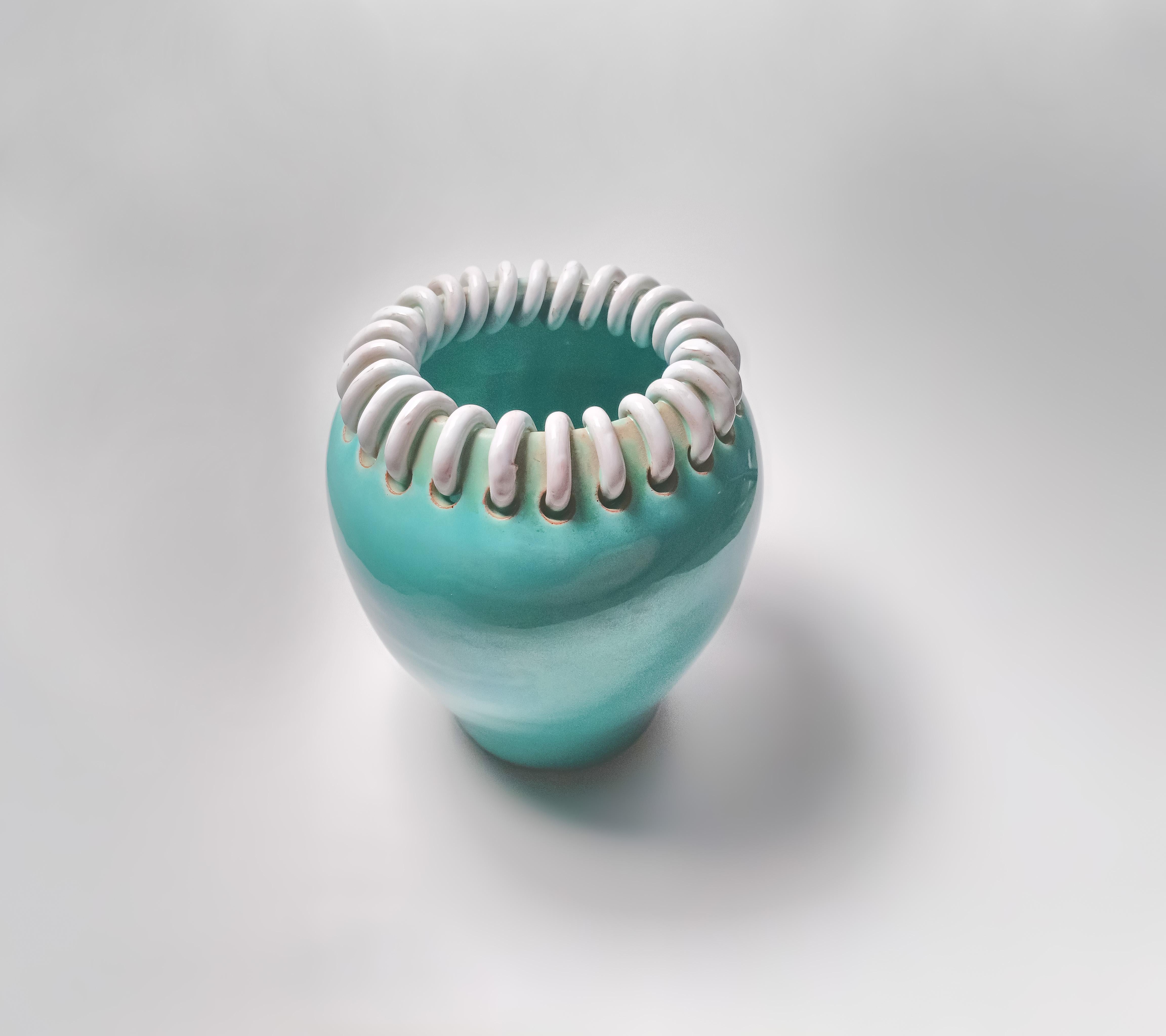 Mid-Century Turquoise Ceramic Vase by Alexandre de Wemmel, Belgium, 1950s in vendita 1