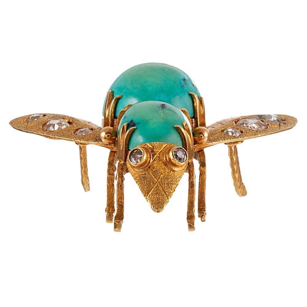 Midcentury Turquoise and Diamond Bee Brooches In Good Condition In Carmel-by-the-Sea, CA