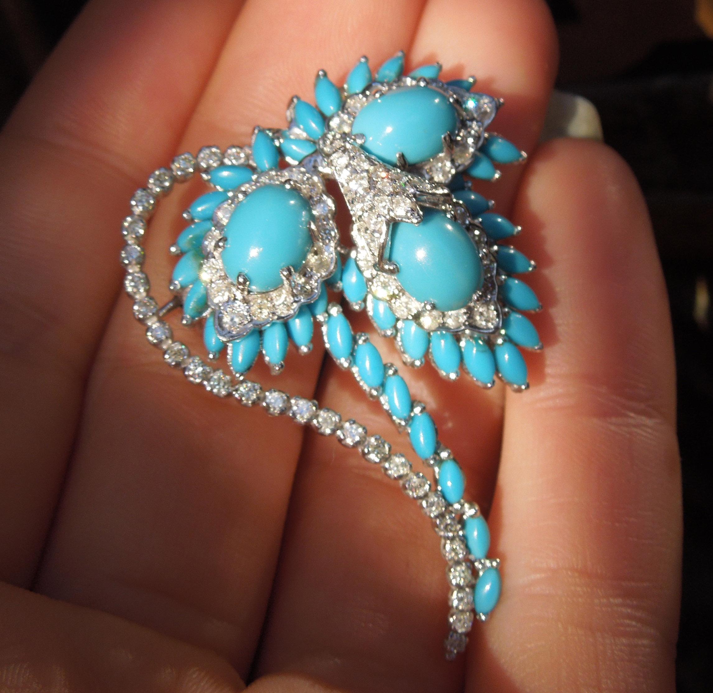 Mid-Century Turquoise & Diamond Floral Spray Brooch For Sale 4