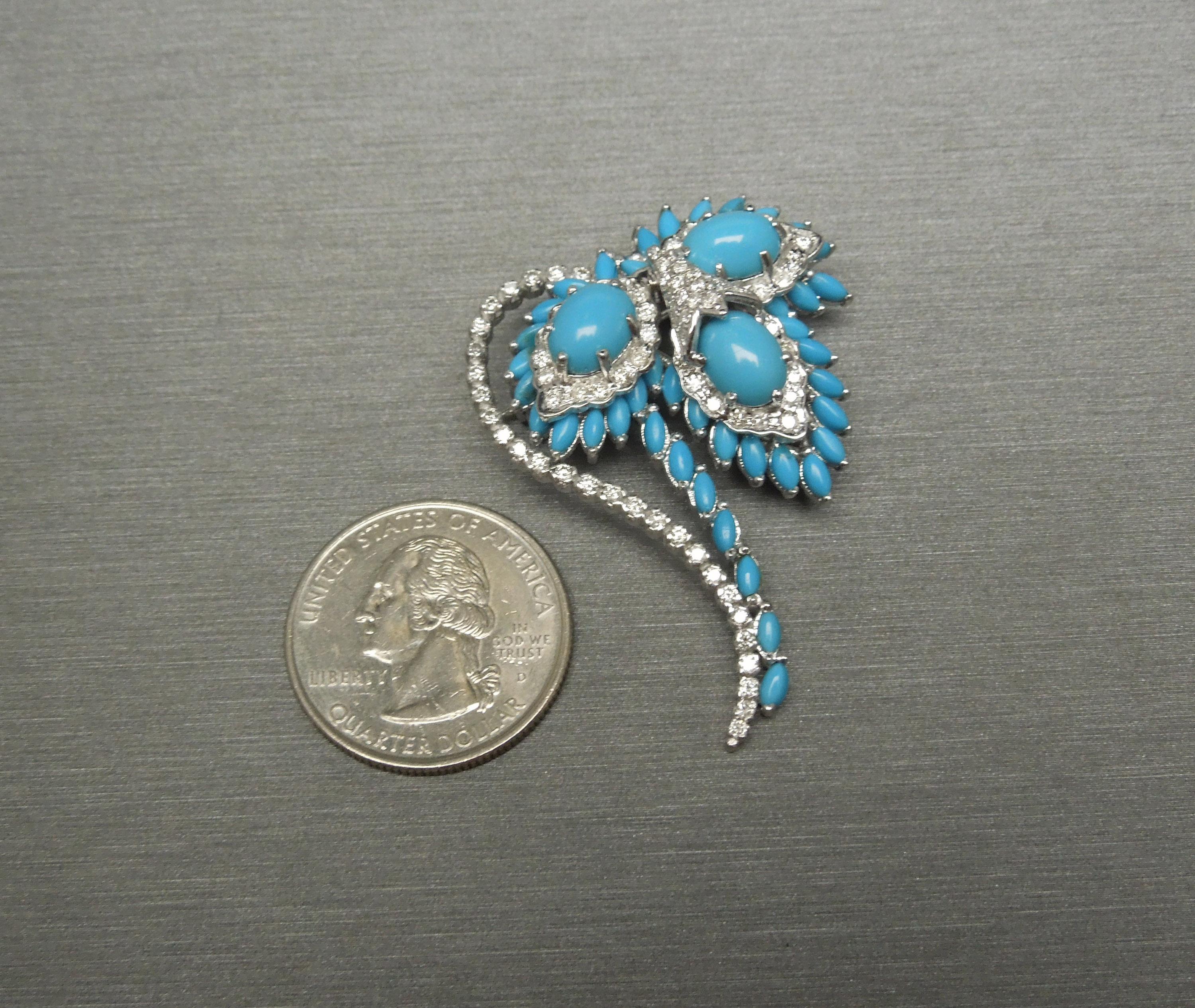 Mid-Century Turquoise & Diamond Floral Spray Brooch For Sale 5