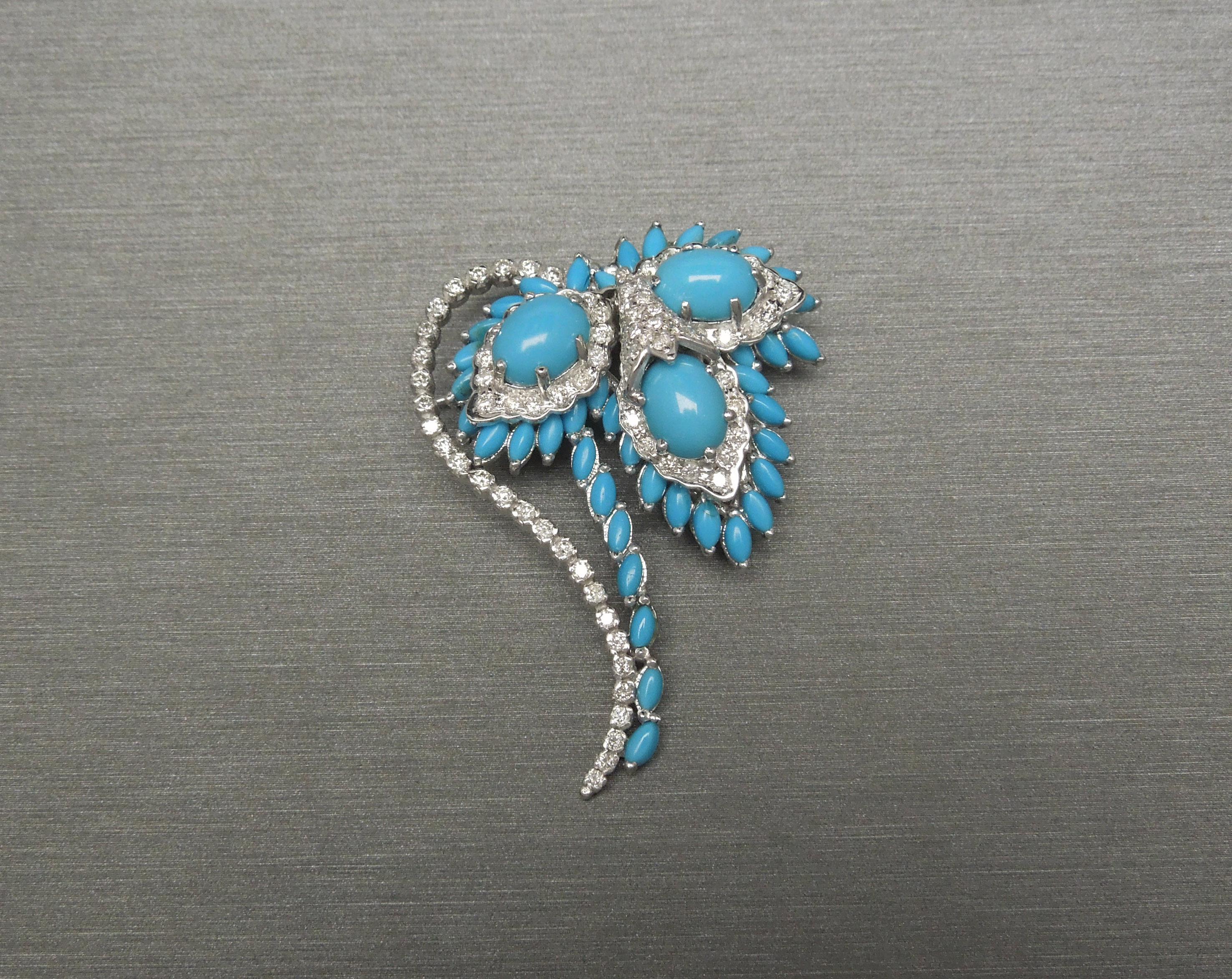 Mid-Century Turquoise & Diamond Floral Spray Brooch For Sale 6