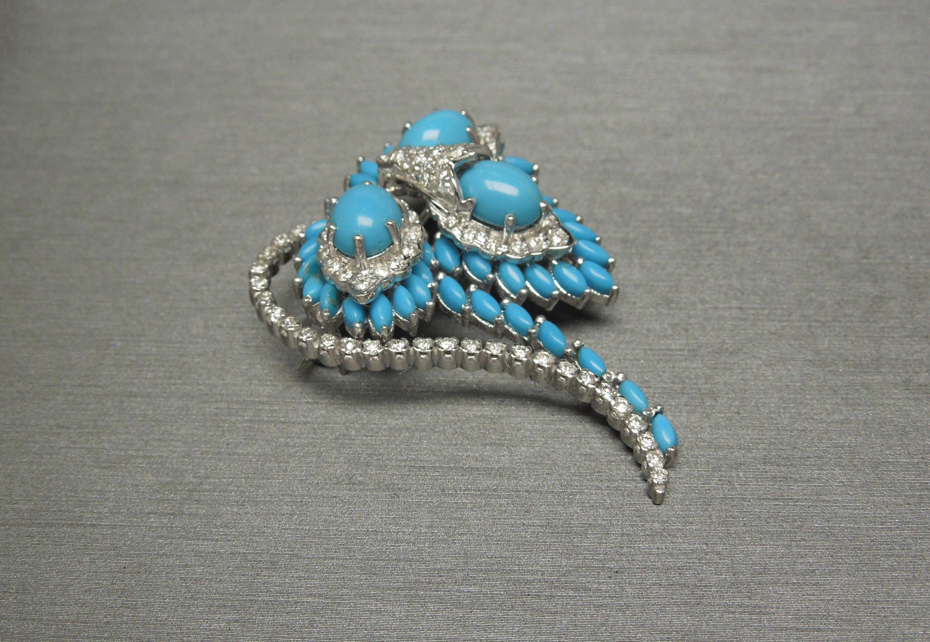 Women's Mid-Century Turquoise & Diamond Floral Spray Brooch For Sale