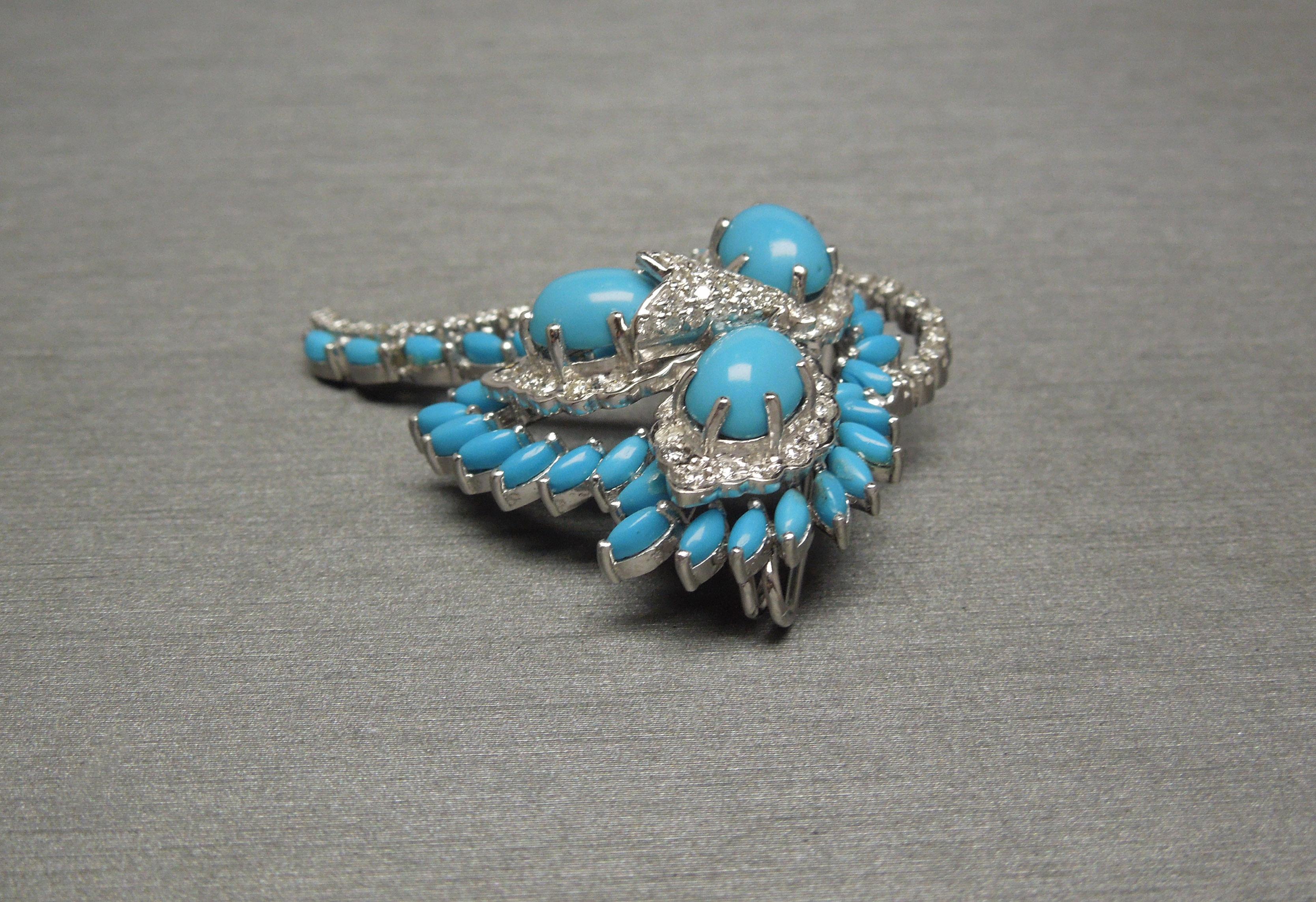 Mid-Century Turquoise & Diamond Floral Spray Brooch For Sale 1