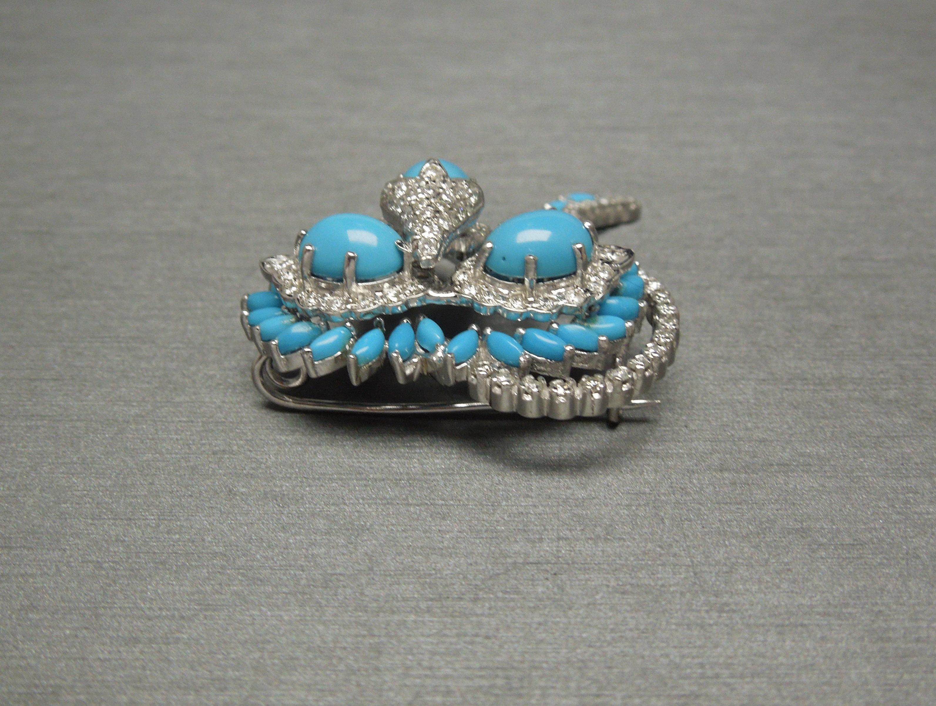 Mid-Century Turquoise & Diamond Floral Spray Brooch For Sale 2