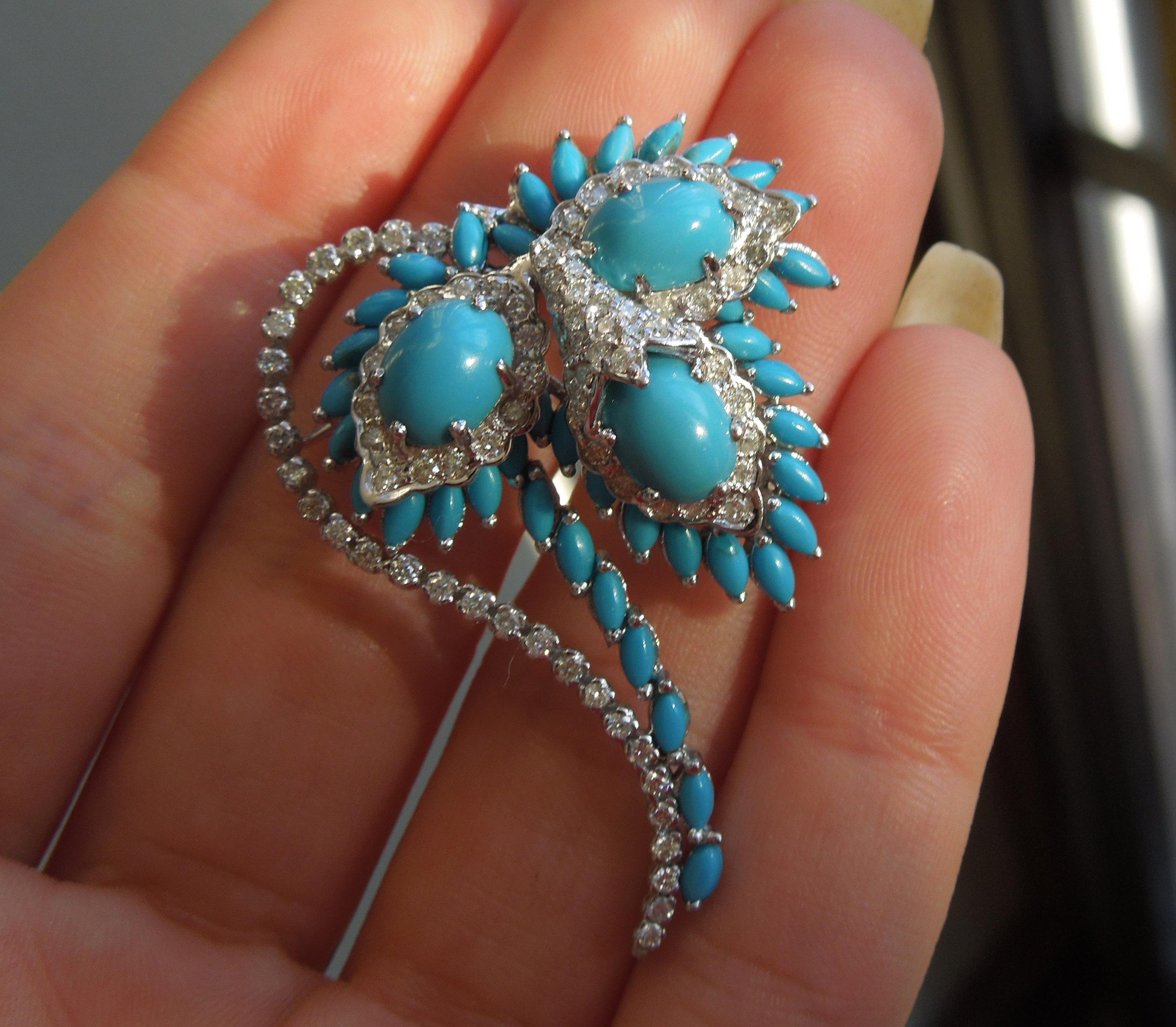 Mid-Century Turquoise & Diamond Floral Spray Brooch For Sale 3