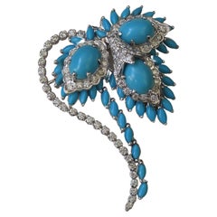 Mid-Century Turquoise & Diamond Floral Spray Brooch