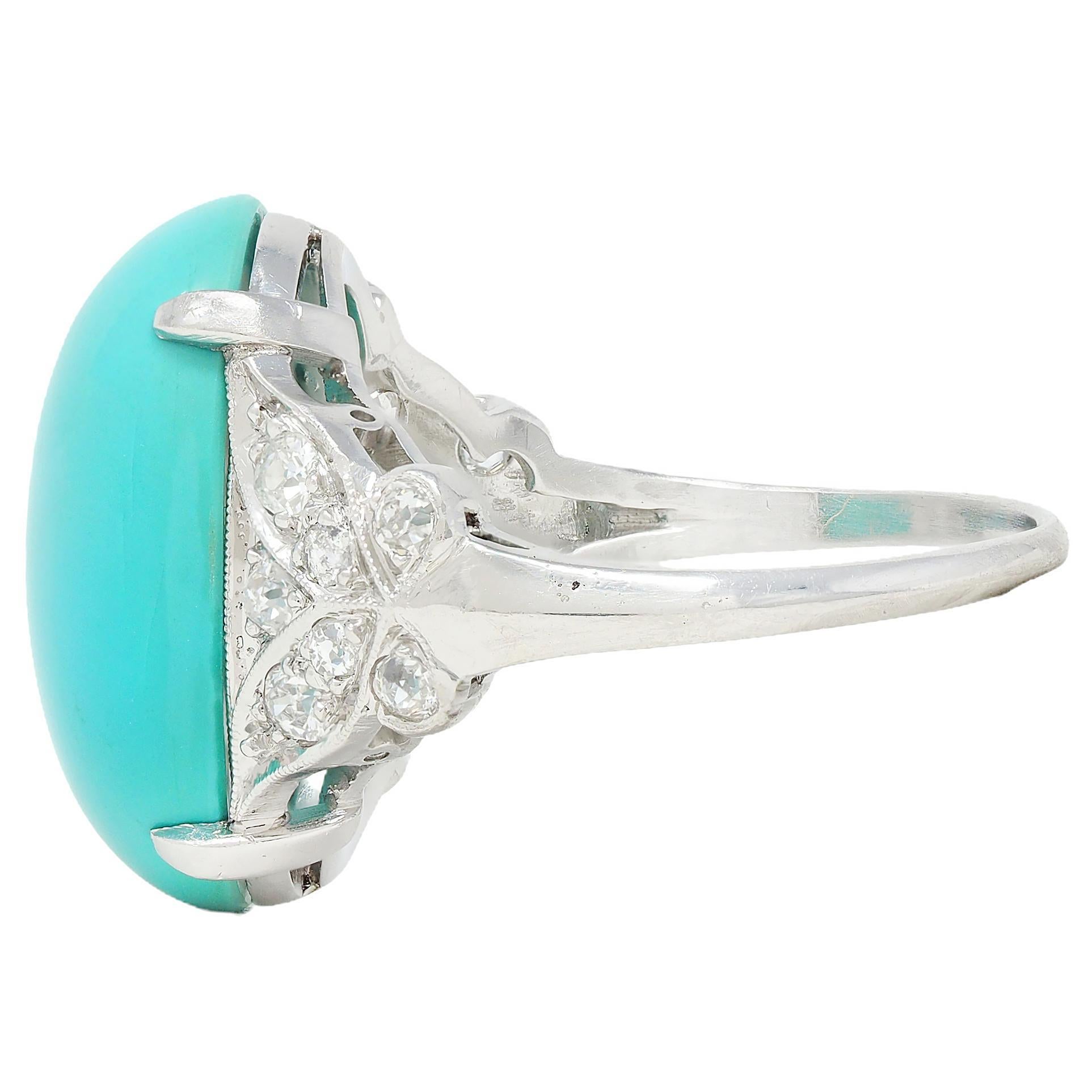 Mid-Century Turquoise Diamond Platinum Vintage Butterfly Cocktail Ring In Excellent Condition For Sale In Philadelphia, PA