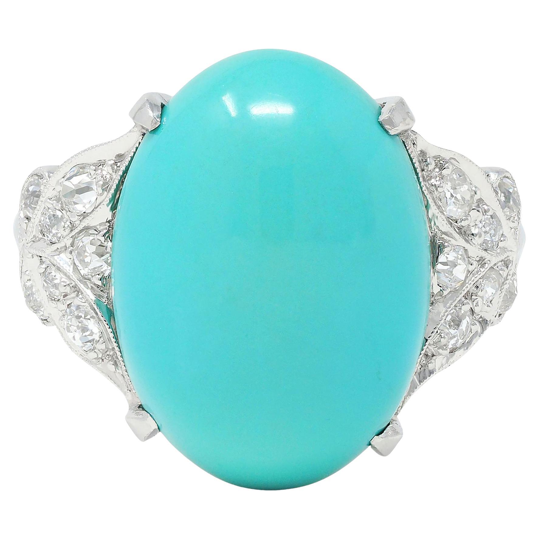 Anello da cocktail a farfalla vintage in platino con diamante turchese di metà secolo