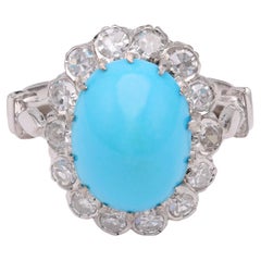 Vintage Mid-Century Turquoise Diamond White Gold Halo Ring