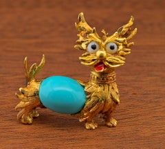 Mid Century Turquoise Dog Brooch 18 KT