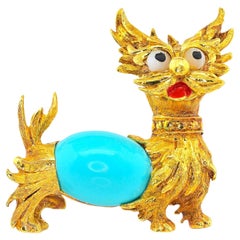 Mid Century Turquoise Dog Brooch 18 KT