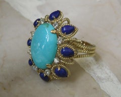 Midcentury Turquoise, Lapis Lazuli and Diamond Ring