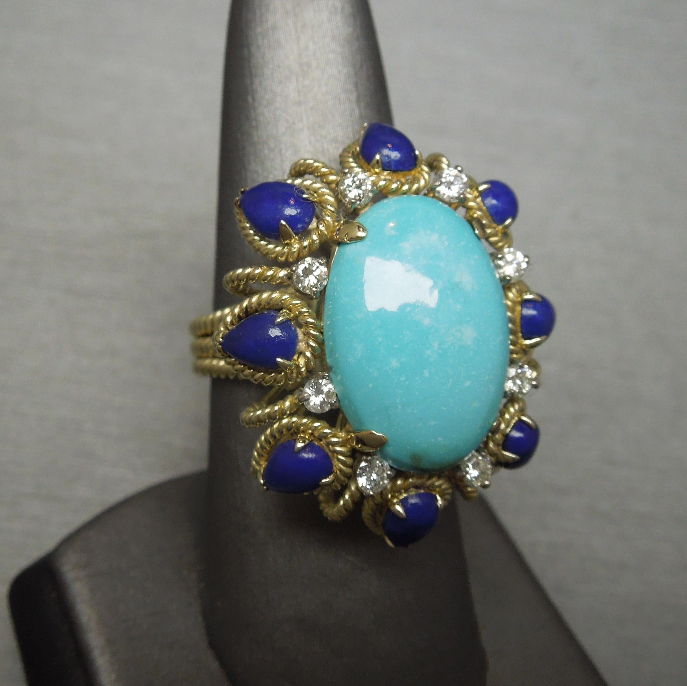 Midcentury Turquoise, Lapis Lazuli and Diamond Ring In Excellent Condition For Sale In METAIRIE, LA