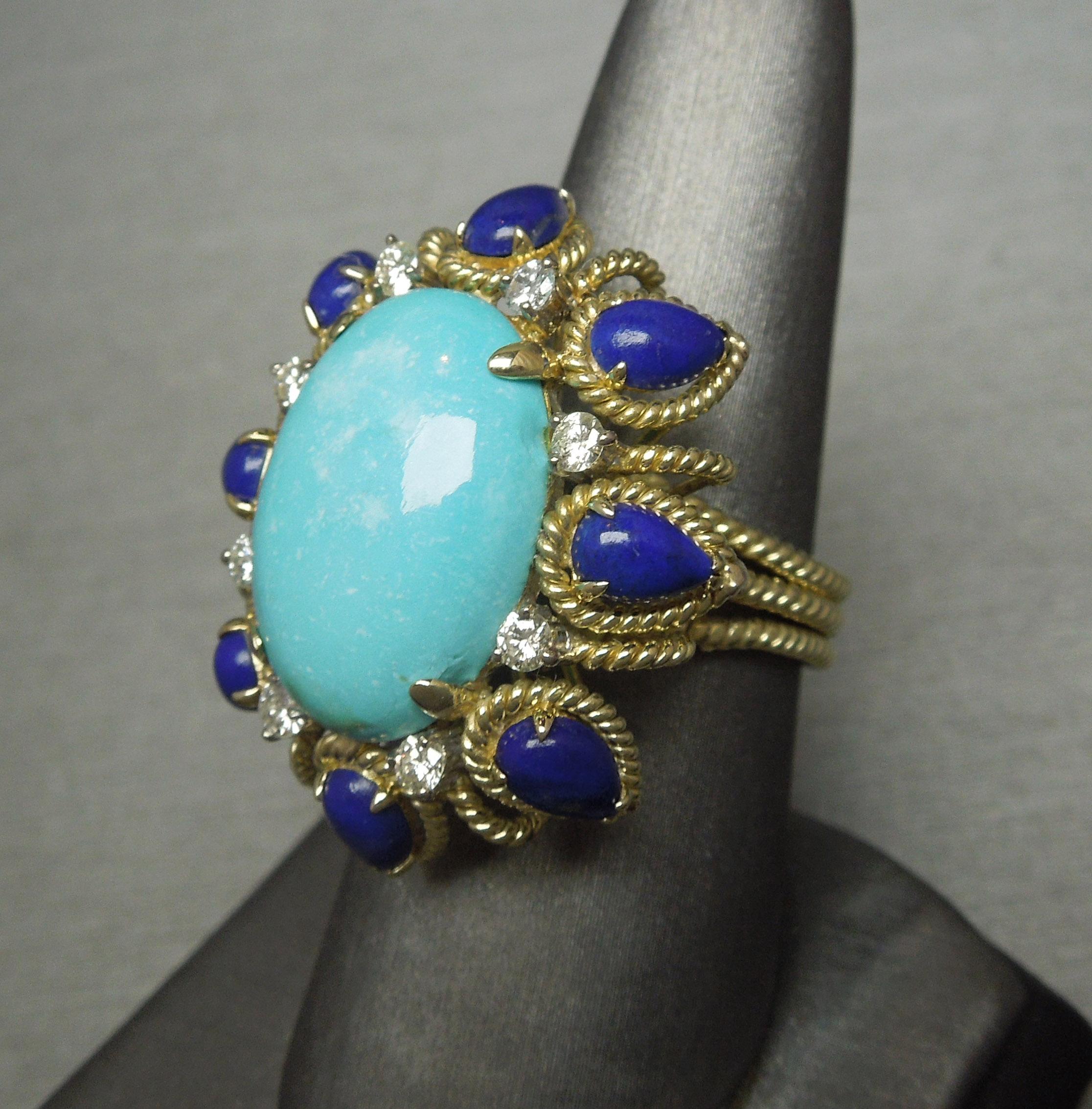Women's or Men's Midcentury Turquoise, Lapis Lazuli and Diamond Ring For Sale