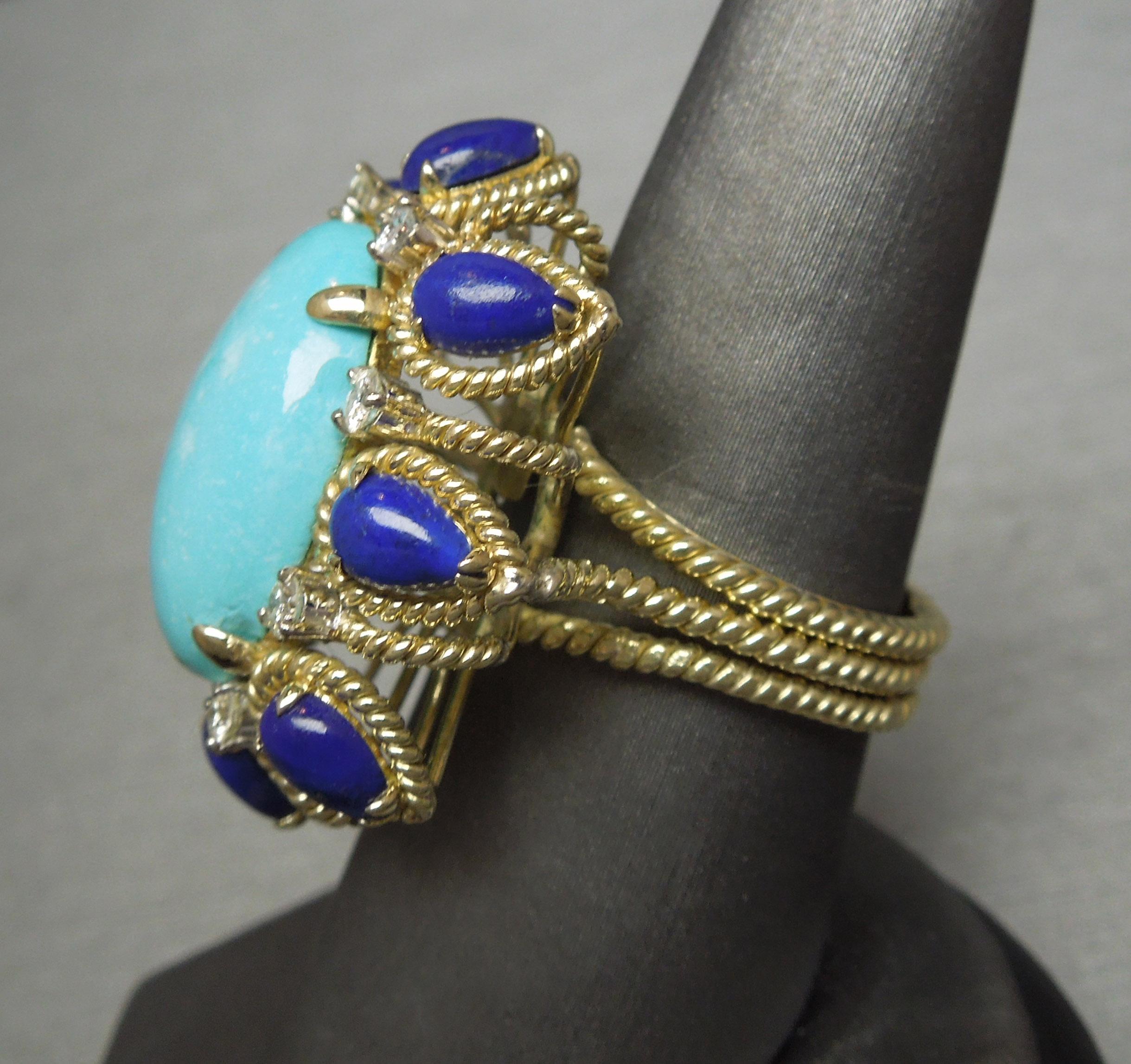 Midcentury Turquoise, Lapis Lazuli and Diamond Ring For Sale 1