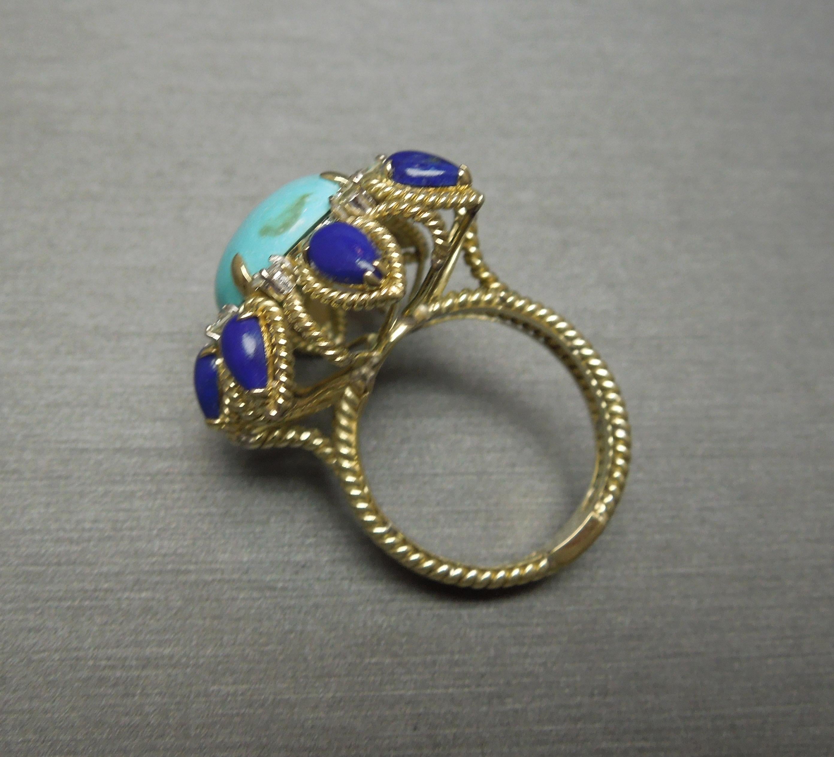 Midcentury Turquoise, Lapis Lazuli and Diamond Ring For Sale 2