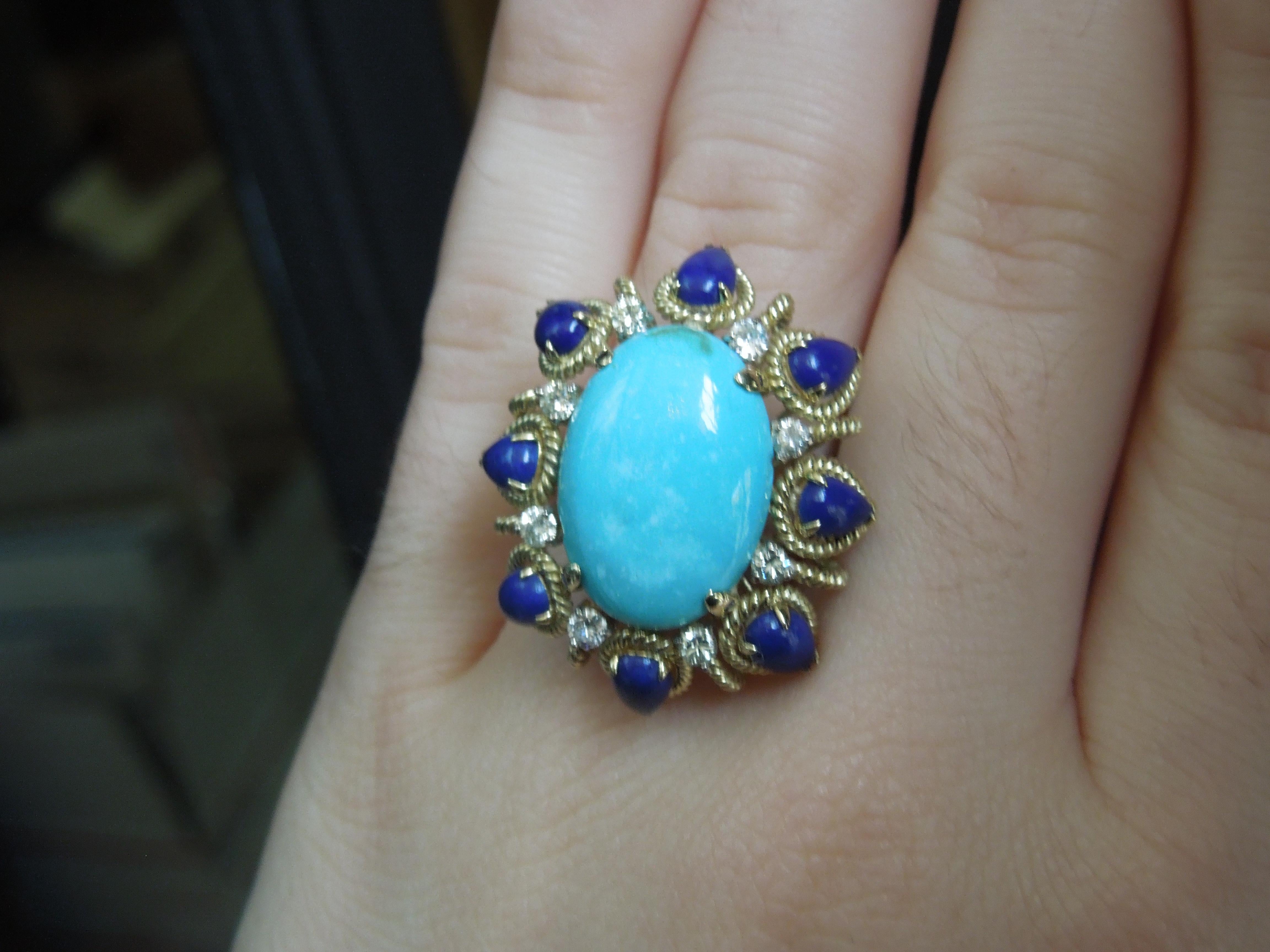 Midcentury Turquoise, Lapis Lazuli and Diamond Ring For Sale 3