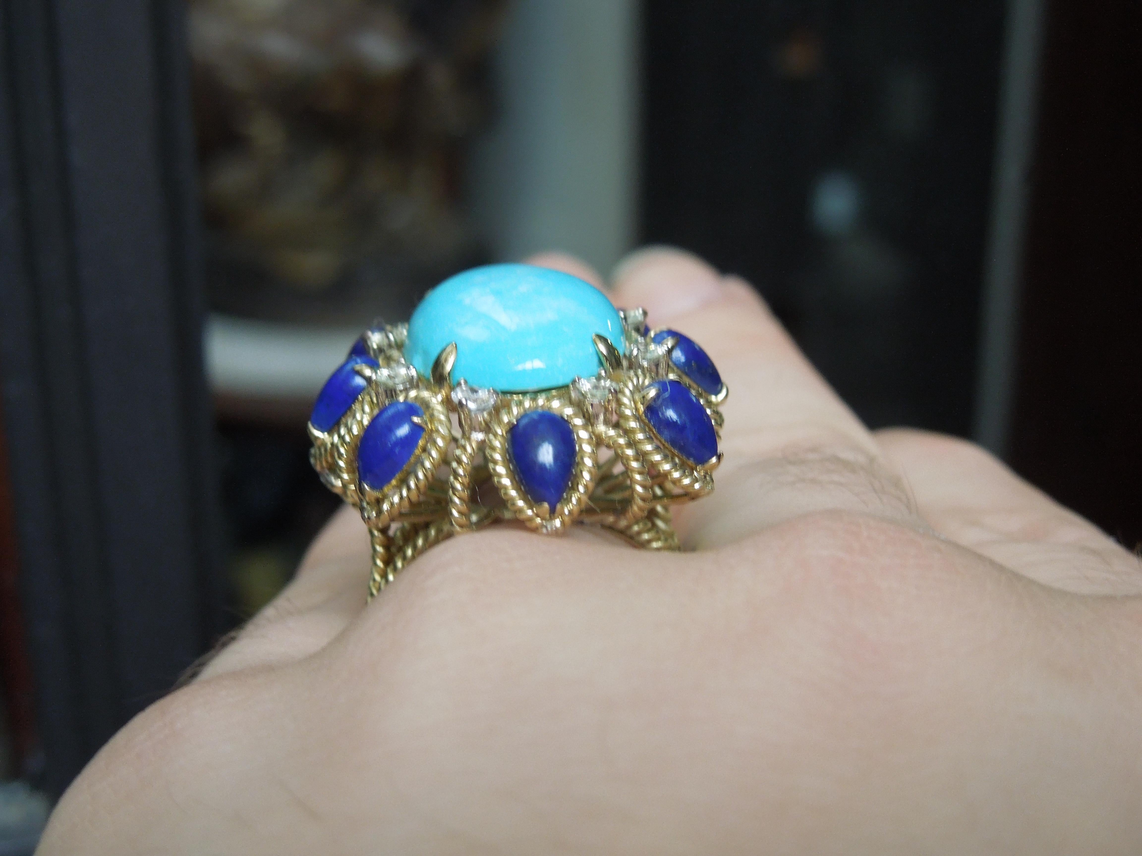 Midcentury Turquoise, Lapis Lazuli and Diamond Ring For Sale 4