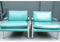 Mid Century Turquoise Leder Lounge Stuhl Paar Attr. Cy Mann C.1970's