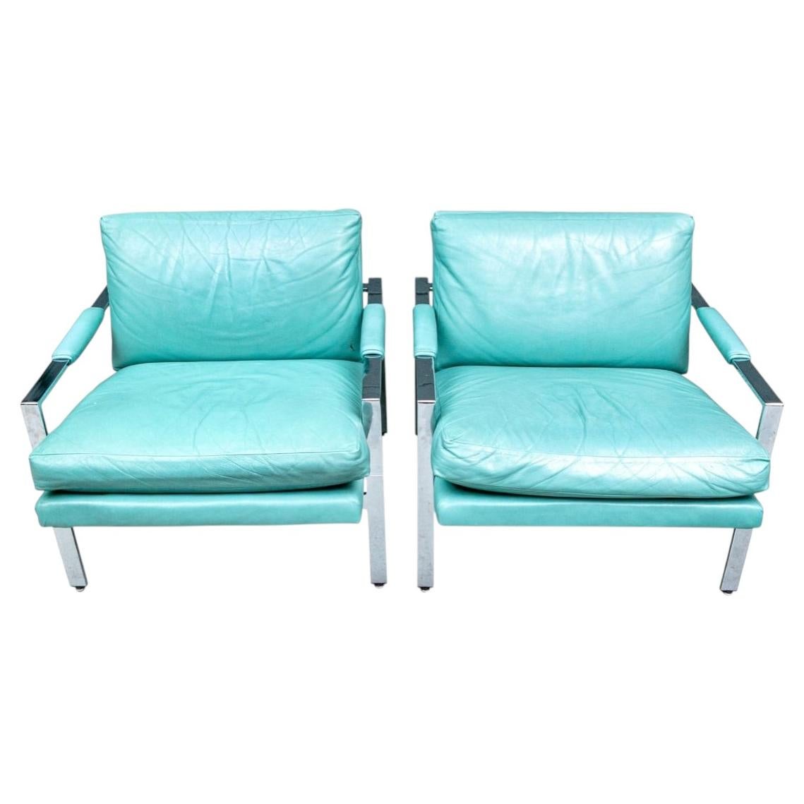 Mid Century Turquoise Leather Lounge Chair Pair Attr. Cy Mann C.1970’s