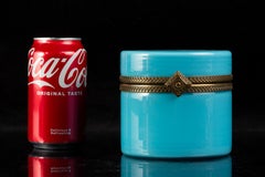 Mid-Century Turquoise Opaline Glass Cylindrical Jewelry Casket w/ Gilt Bronze