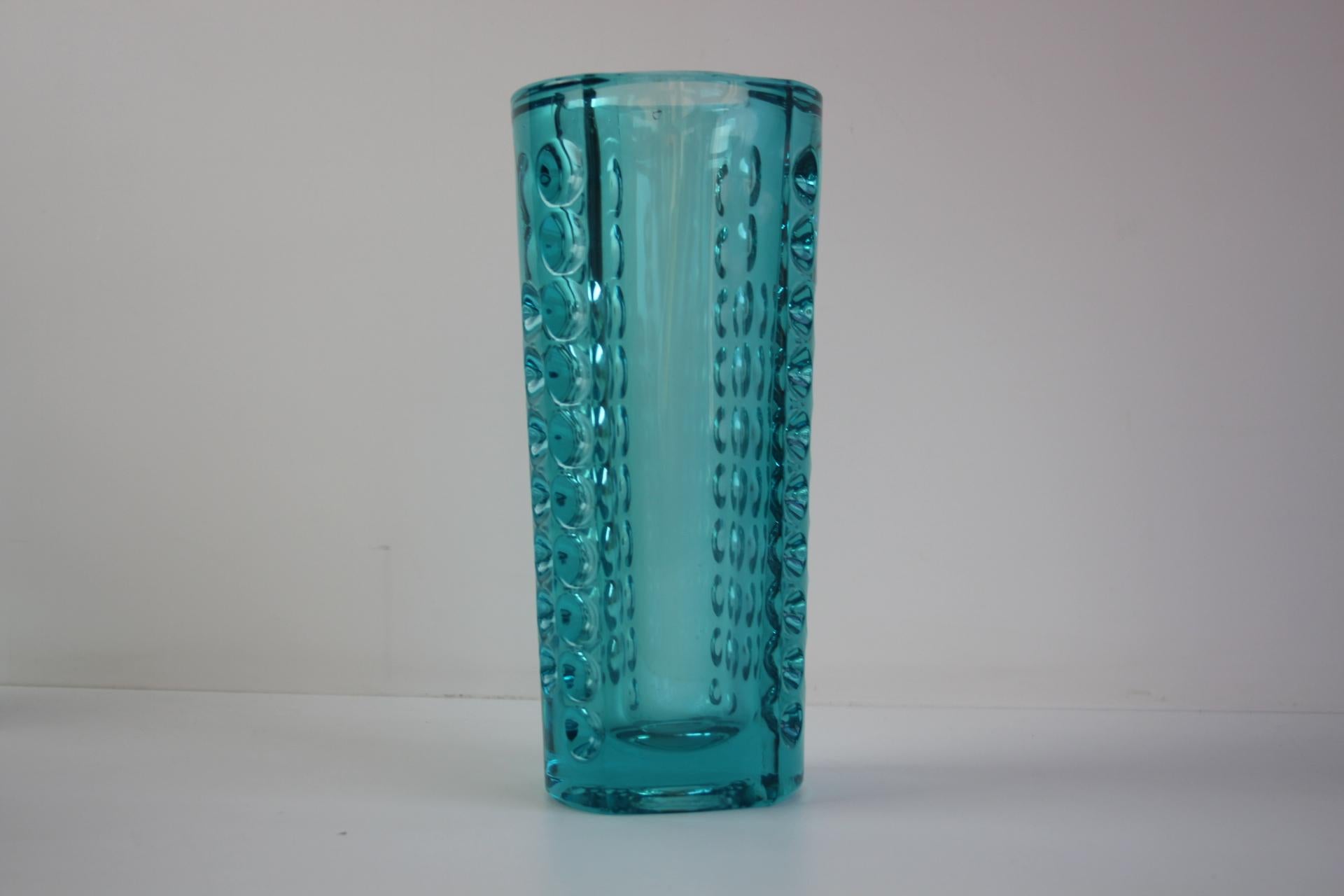 Mid-Century Modern Mid-Century Turquoise Pressed Glass Vase by Rudolf Jurnikl, Czechoslovakia, 1960 For Sale