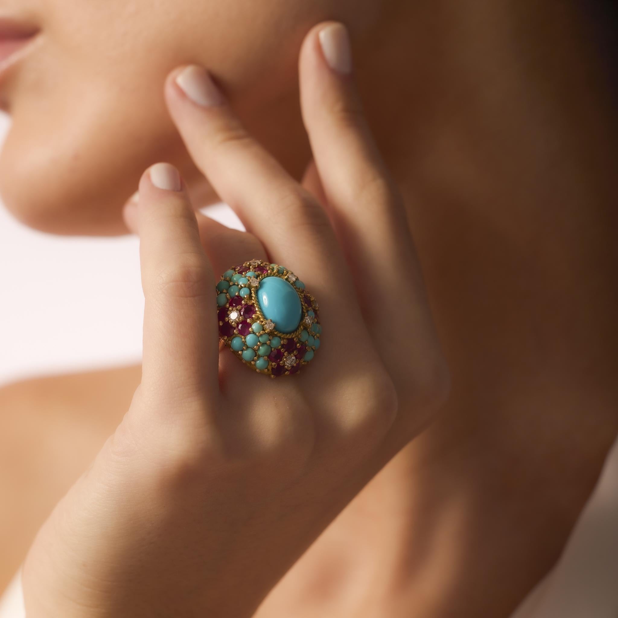 Cabochon Mid Century turquoise ruby diamond 18k yellow gold cocktail ring For Sale