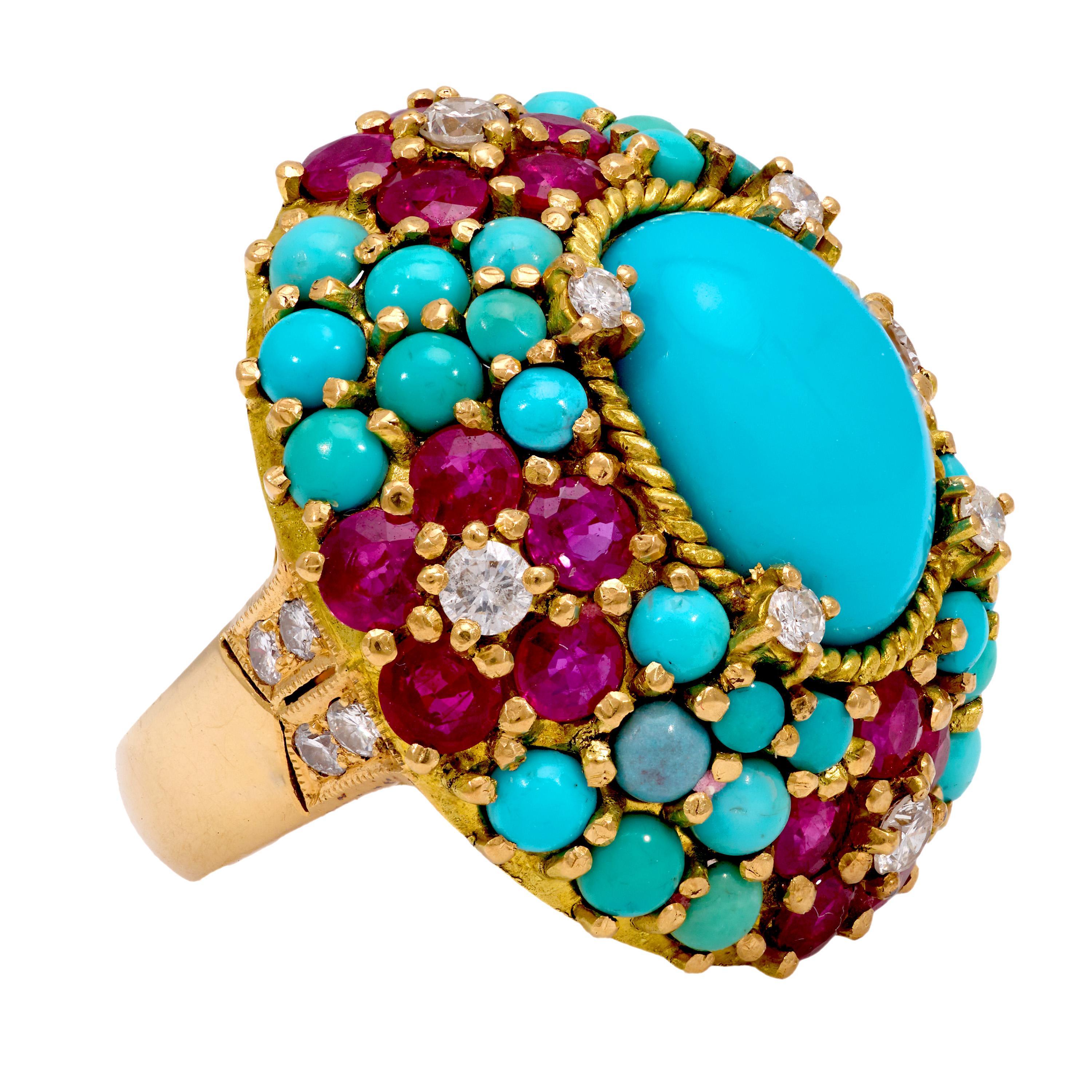 Mid Century turquoise ruby diamond 18k yellow gold cocktail ring In Good Condition For Sale In Beverly Hills, CA