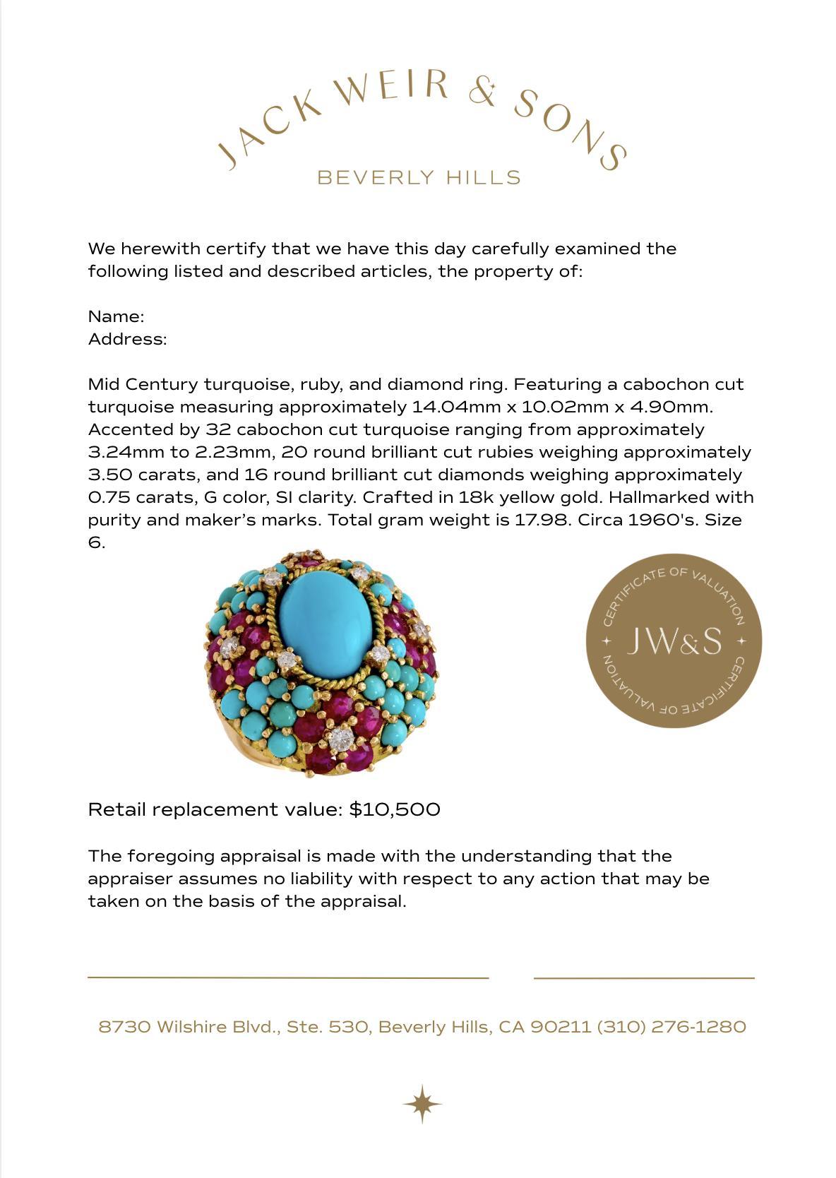 Women's Mid Century turquoise ruby diamond 18k yellow gold cocktail ring For Sale