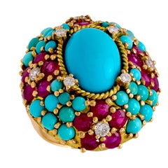 Mid Century turquoise ruby diamond 18k yellow gold cocktail ring