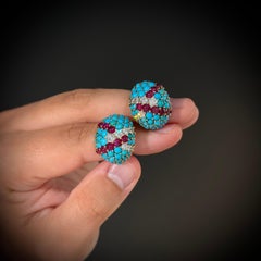 Mid-Century Turquoise Ruby Diamond Clip Earrings in the Style of VCA 1950s-1960s